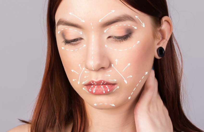 Beautiful Young Woman with Clean Fresh Skin close up. Skin care face. Scheme cellulite removal.
